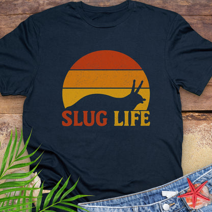 Navy t-shirt with 'Slug Life' sunset graphic.