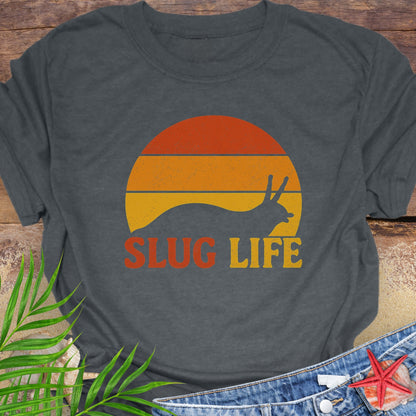 Gray t-shirt with 'Slug Life' sunset graphic.