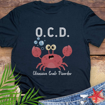 Navy t-shirt with a cartoon crab and text OCD Obsessive Crab Disorder.