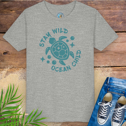 Gray t-shirt with sea turtle graphic and text stay wild ocean child.
