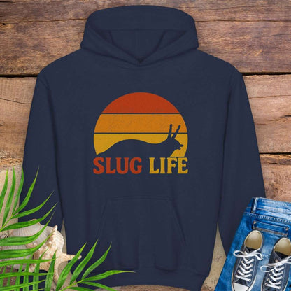 Kids navy hoodie with vintage-style sunset and slug graphic, featuring the phrase “Slug Life” in bold retro font – inspired by nature and Northern California style.
