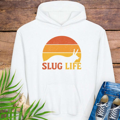 Kids white hoodie with vintage-style sunset and slug graphic, featuring the phrase “Slug Life” in bold retro font – inspired by nature and Northern California style.