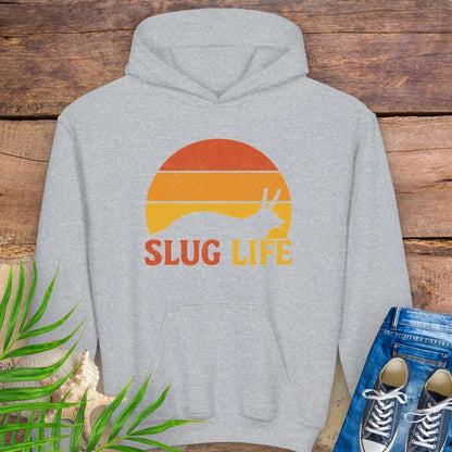 Kids sport gray hoodie with vintage-style sunset and slug graphic, featuring the phrase “Slug Life” in bold retro font – inspired by nature and Northern California style.