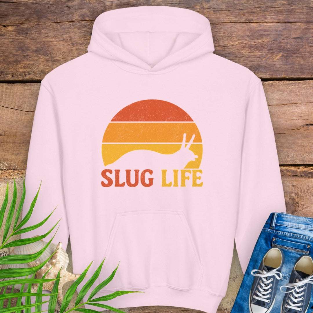 Kids pink hoodie with vintage-style sunset and slug graphic, featuring the phrase “Slug Life” in bold retro font – inspired by nature and Northern California style.