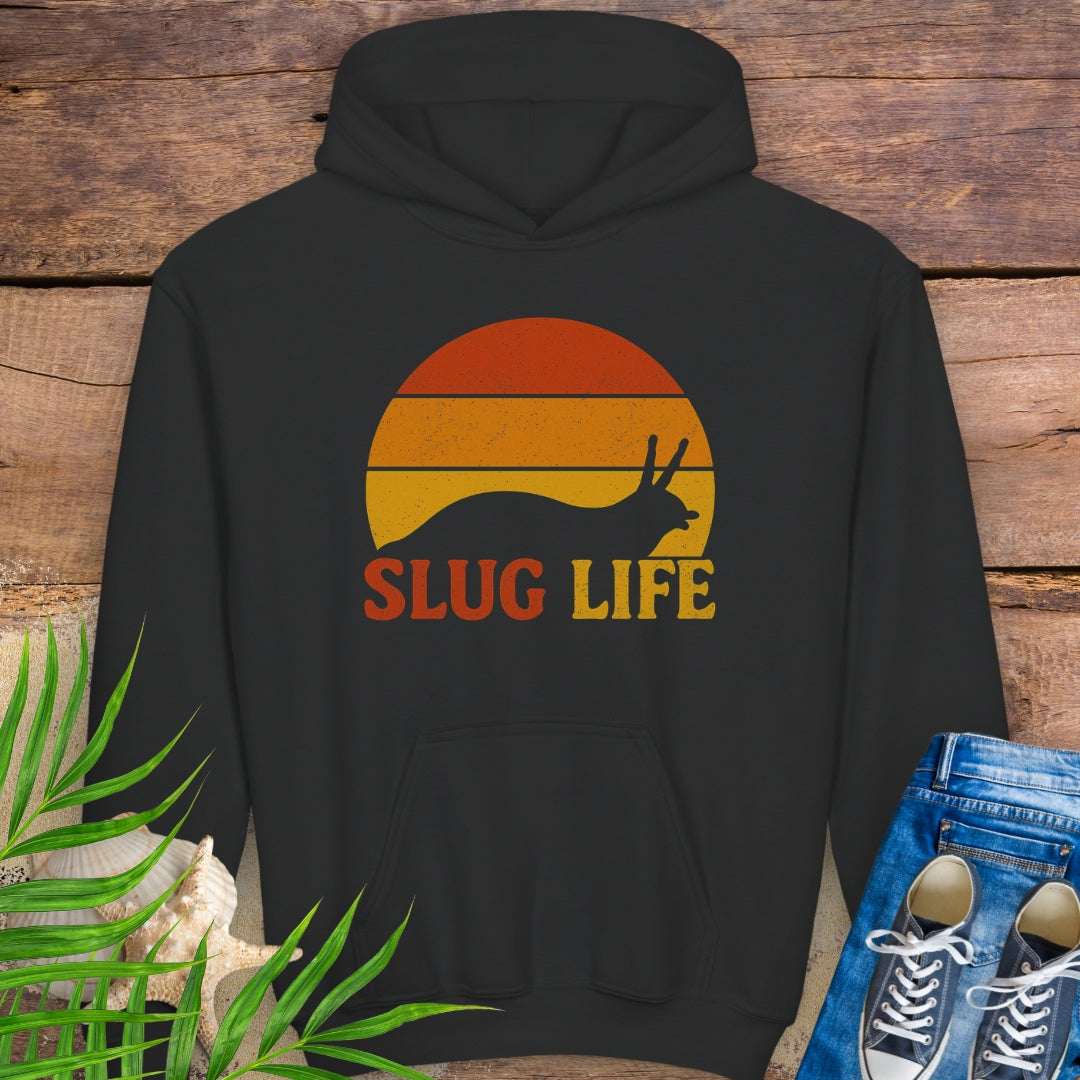 Kids black hoodie with vintage-style sunset and slug graphic, featuring the phrase “Slug Life” in bold retro font – inspired by nature and Northern California style.