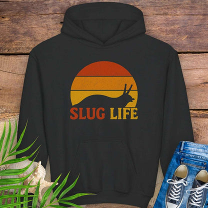 Kids black hoodie with vintage-style sunset and slug graphic, featuring the phrase “Slug Life” in bold retro font – inspired by nature and Northern California style.