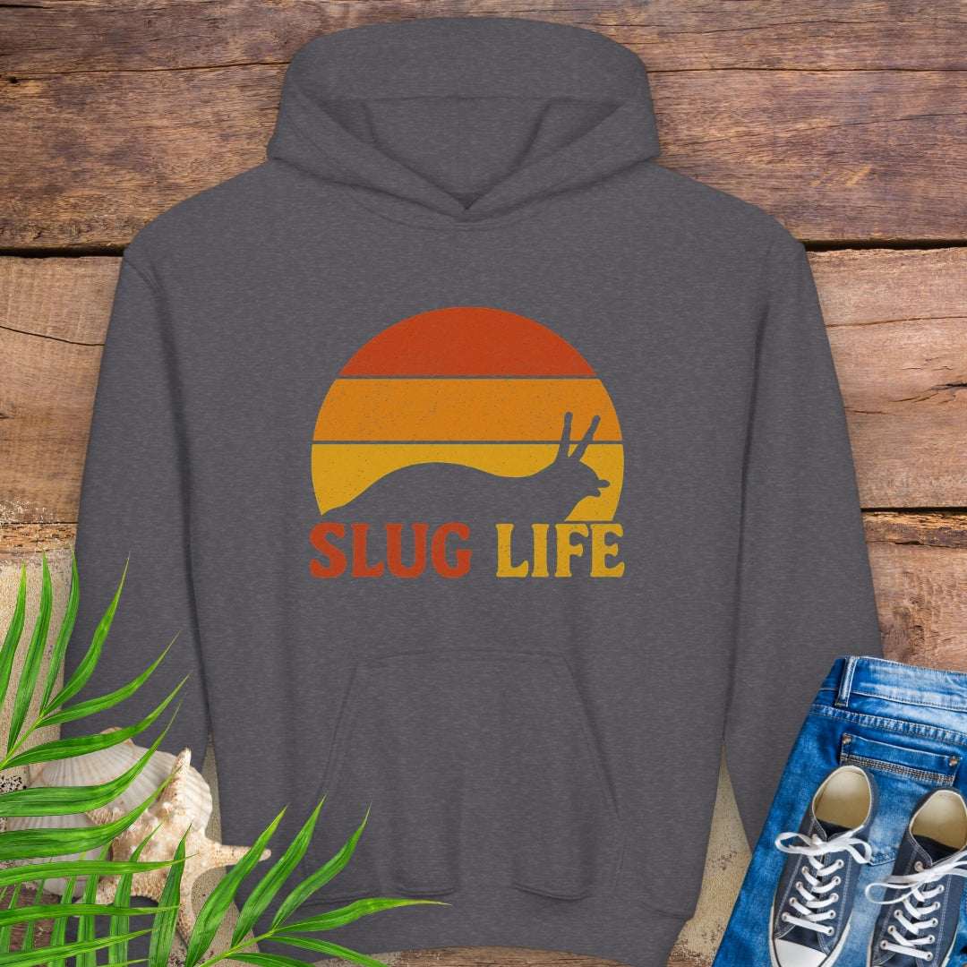 Kids gray hoodie with vintage-style sunset and slug graphic, featuring the phrase “Slug Life” in bold retro font – inspired by nature and Northern California style.