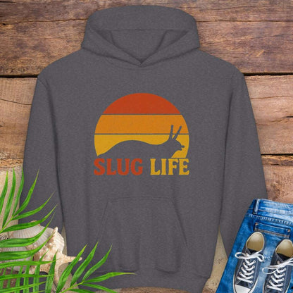 Kids gray hoodie with vintage-style sunset and slug graphic, featuring the phrase “Slug Life” in bold retro font – inspired by nature and Northern California style.