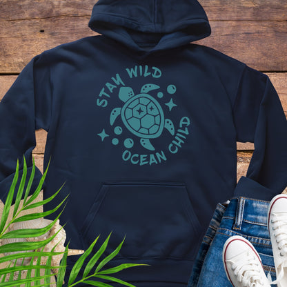 Navy blue hoodie with a sea turtle design and text Stay Wild Ocean Child.