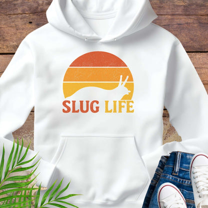 White hoodie with 'SLUG LIFE' retro sunset design.