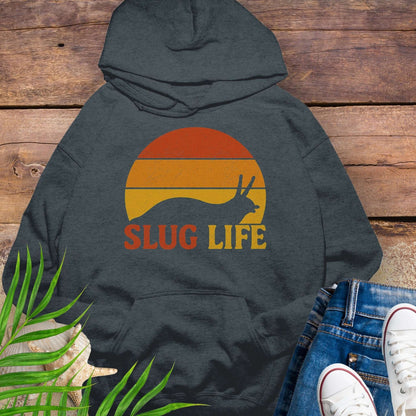 Dark gray hoodie with 'SLUG LIFE' retro sunset design.