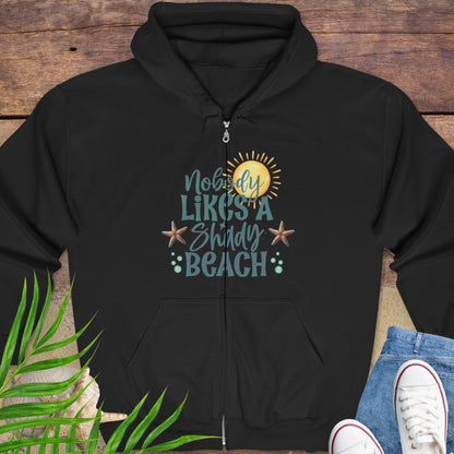 Black hoodie with beach-themed graphics and text Nobody Likes a Shady Beach.