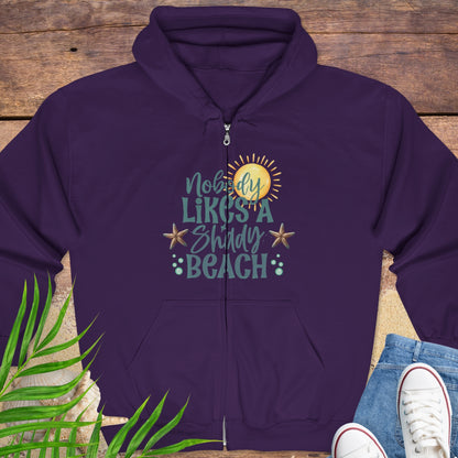 Purple hoodie with beach-themed graphics and text Nobody Likes a Shady Beach.