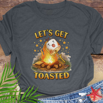 Gray t-shirt with a graphic of a marshmallow over a campfire and text 'Let's Get Toasted.