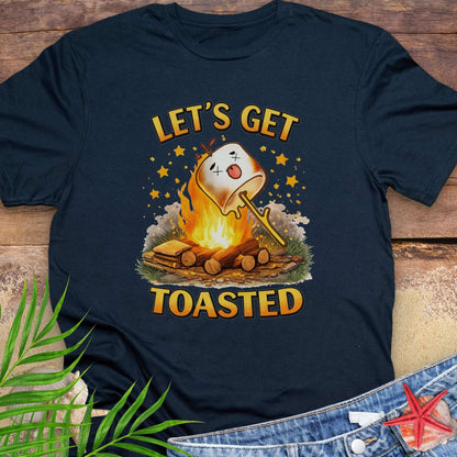 Navy blue t-shirt with a graphic of a marshmallow over a campfire and text 'Let's Get Toasted.