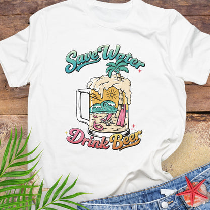 White unisex t-shirt with “Save Water Drink Beer” in colorful retro text and a beach scene inside a beer mug