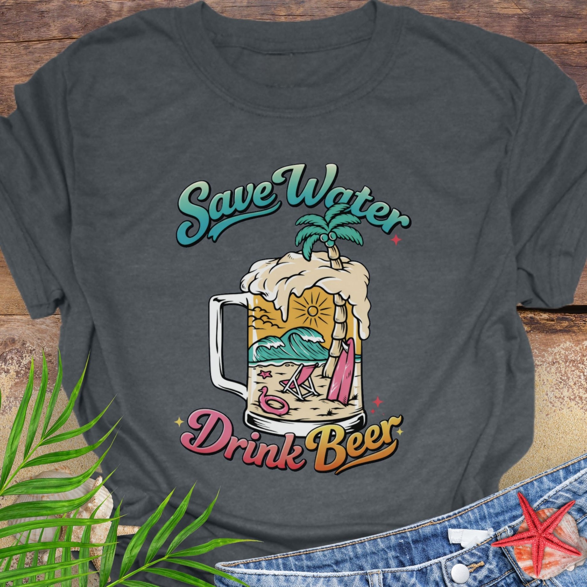 Gray unisex t-shirt with “Save Water Drink Beer” in colorful retro text and a beach scene inside a beer mug.