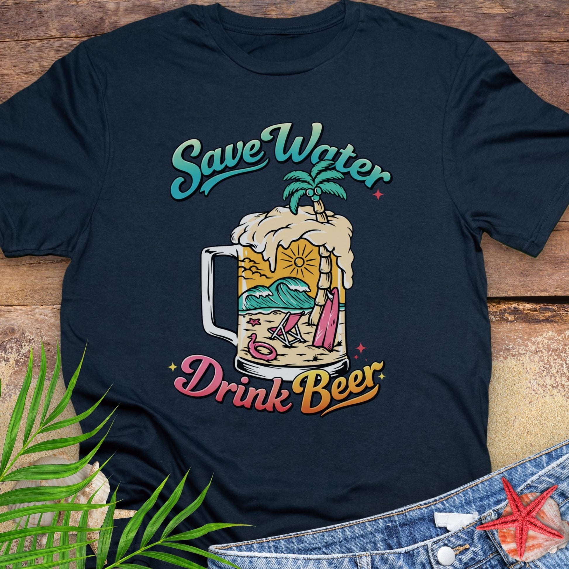 Navy blue unisex t-shirt with “Save Water Drink Beer” in colorful retro text and a beach scene inside a beer mug.