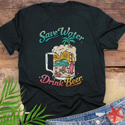 Black unisex t-shirt with “Save Water Drink Beer” in colorful retro text and a beach scene inside a beer mug