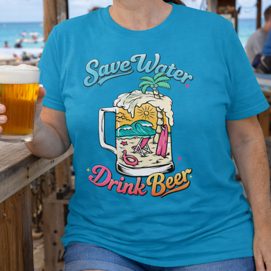 Person wearing a blue t-shirt unisex t-shirt with “Save Water Drink Beer” in colorful retro text and a beach scene inside a beer mug