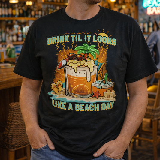 Man wearing a black unisex t-shirt with a neon-style graphic of a beer mug, palm tree, and heartbeat line, featuring the phrase “Stay Hoppy” in bold pink and purple.