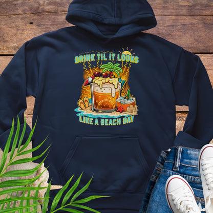 Navy blue pullover hoodie with a tropical cartoon beer mug, palm tree, sunglasses, and the text “Drink Til It Looks Like a Beach Day” in vibrant summer colors.