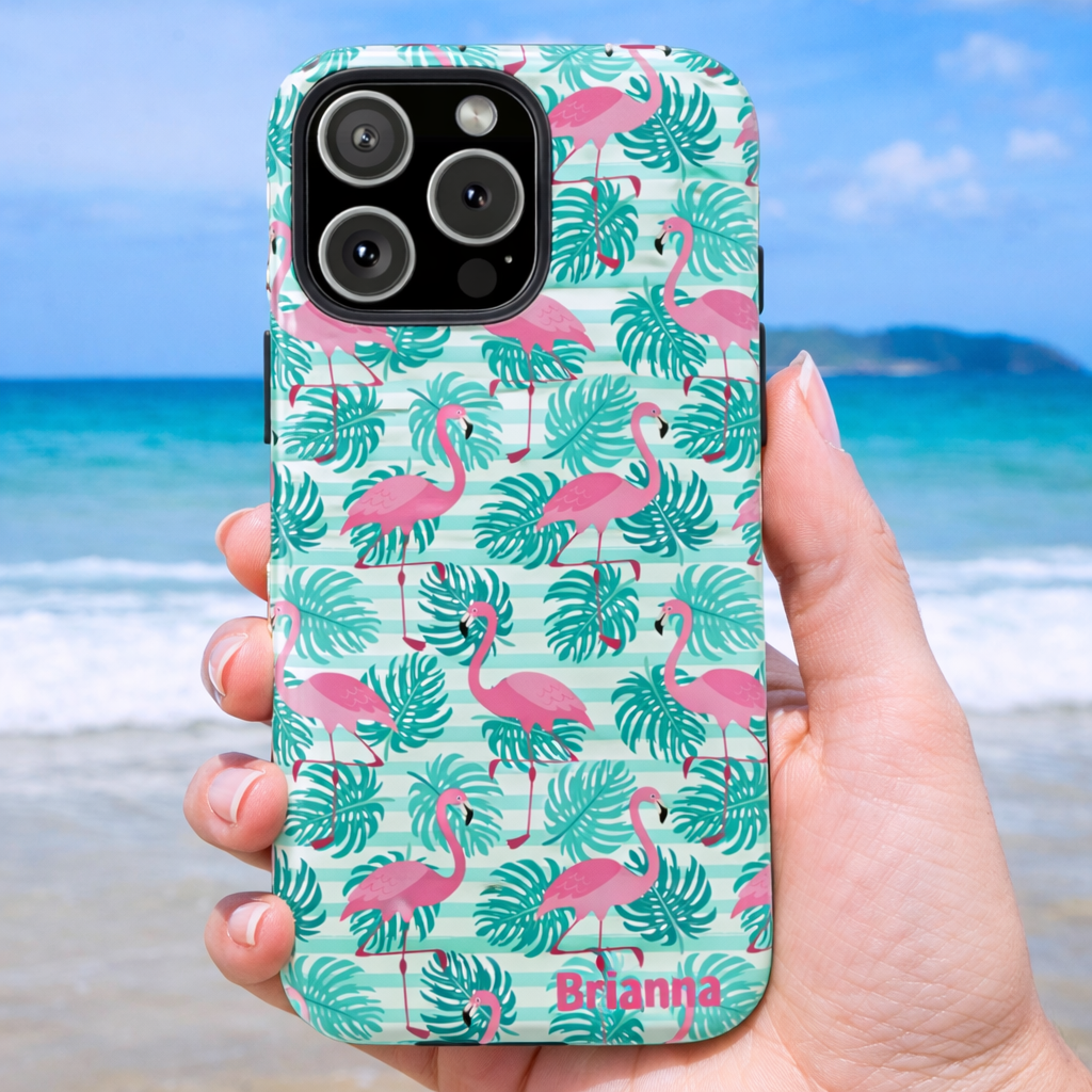 Phone case with flamingo and leaf pattern with optional personalization.