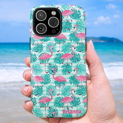 Phone case with flamingo and leaf pattern with optional personalization.