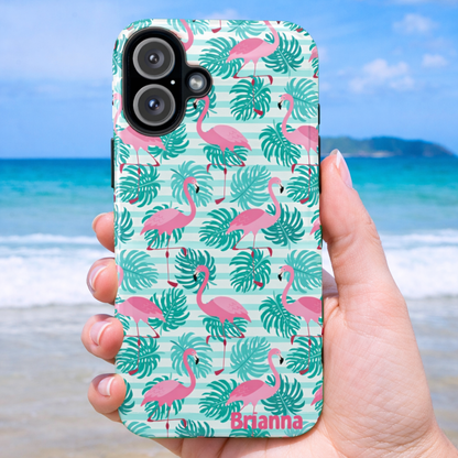 Phone case with flamingo and leaf pattern with optional personalization.