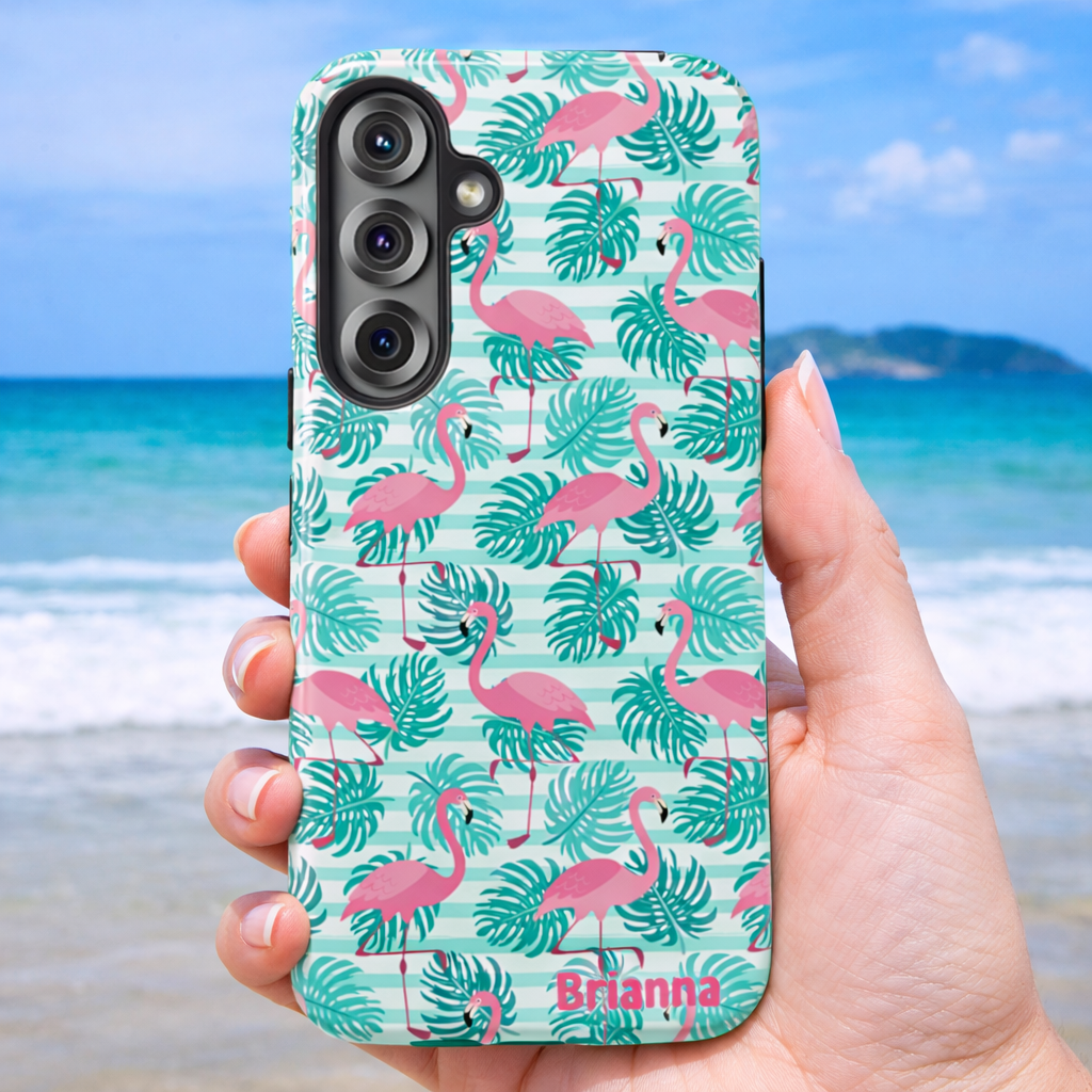 Add summer style to your phone with this custom flamingo case. Personalize with your name and enjoy tropical protection for iPhone or Samsung models.