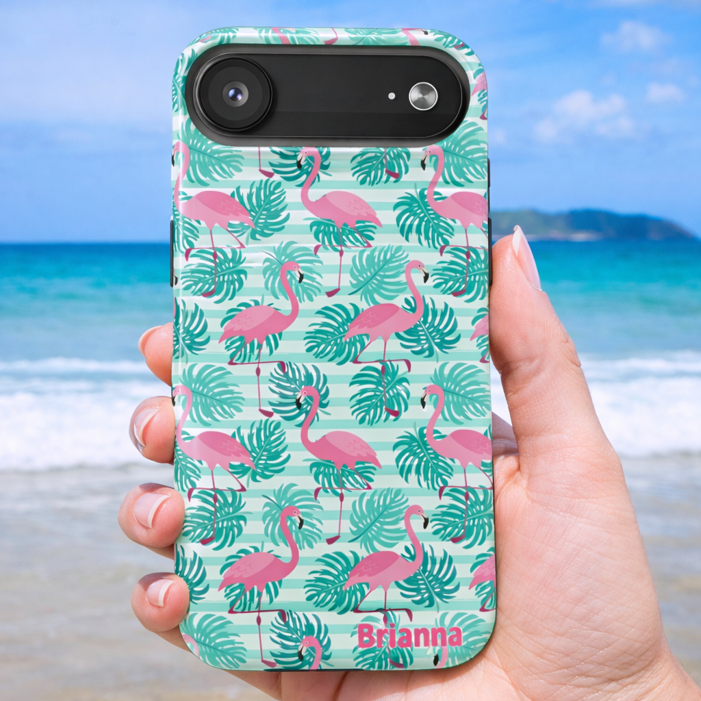 Phone case with flamingo and leaf pattern with optional personalization.