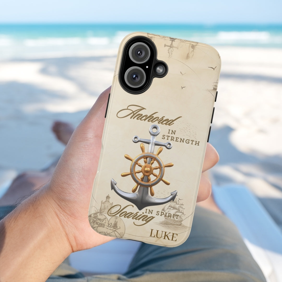 Phone case with anchor and ship wheel design that can be personalized.