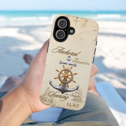 Phone case with anchor and ship wheel design that can be personalized.