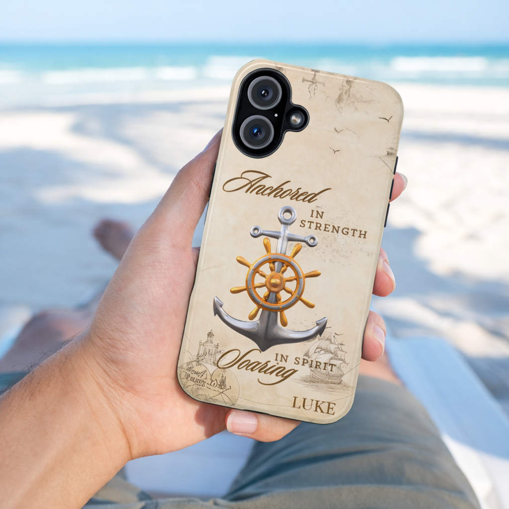 Phone case with anchor and ship wheel design that can be personalized.