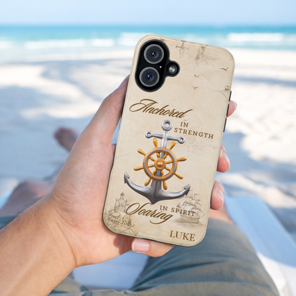 Phone case with anchor and ship wheel design that can be personalized.