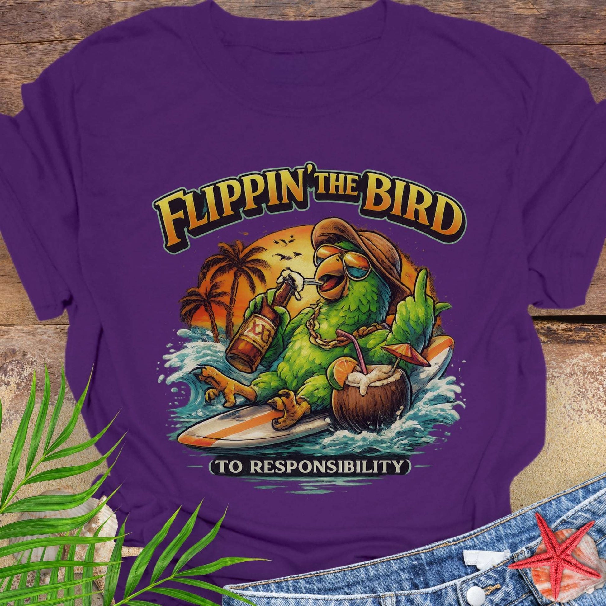 Purple Unisex t-shirt featuring a cartoon parrot relaxing on a surfboard with beer and coconut drink under a tropical sunset, with the phrase “Flippin’ the Bird to Responsibility”