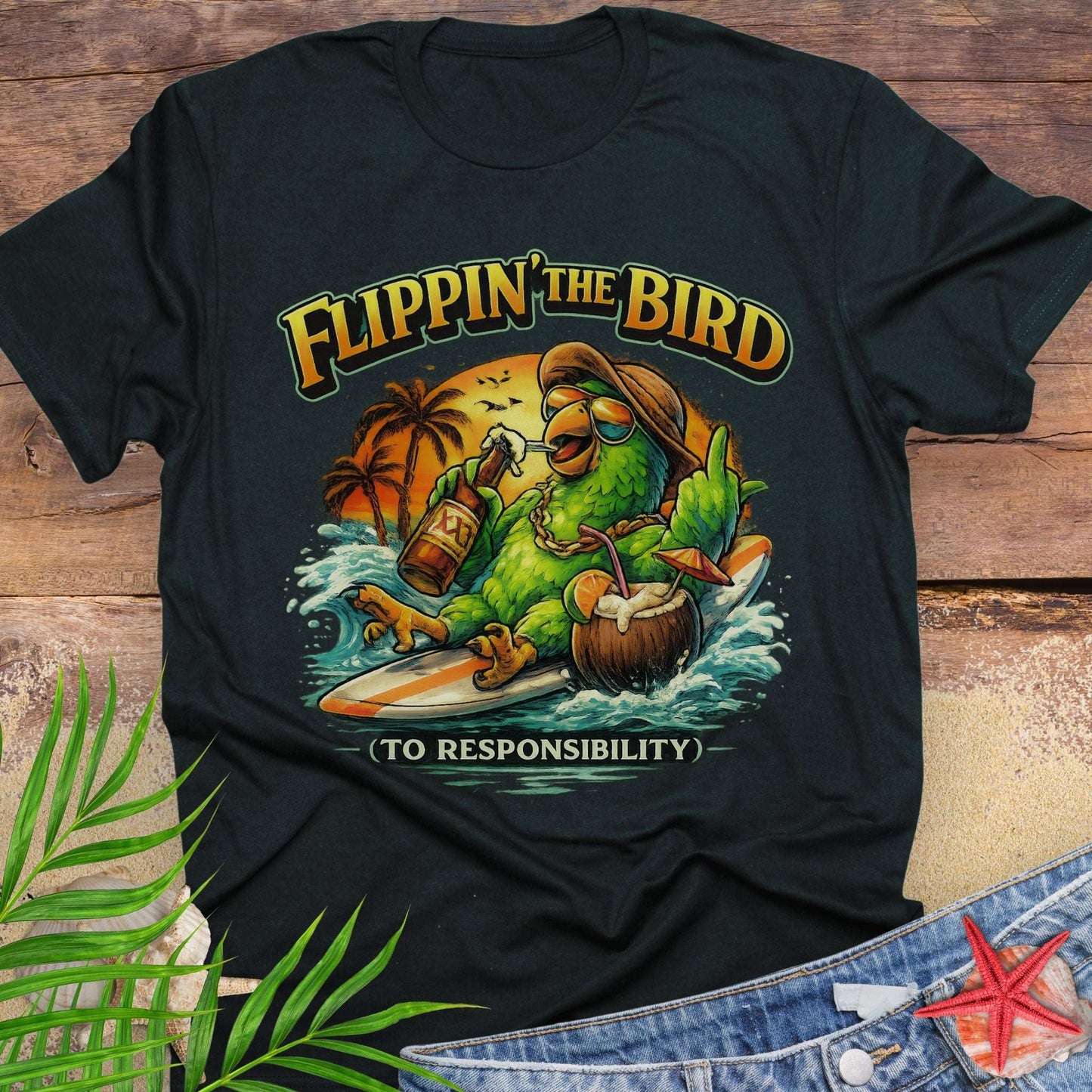 Black Unisex t-shirt featuring a cartoon parrot relaxing on a surfboard with beer and coconut drink under a tropical sunset, with the phrase “Flippin’ the Bird to Responsibility”