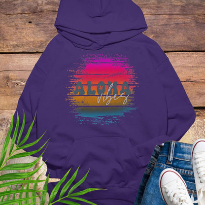 Purple Unisex beach hoodie with vintage sunset aloha design.