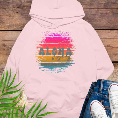 Pink Unisex beach hoodie with vintage sunset aloha design.