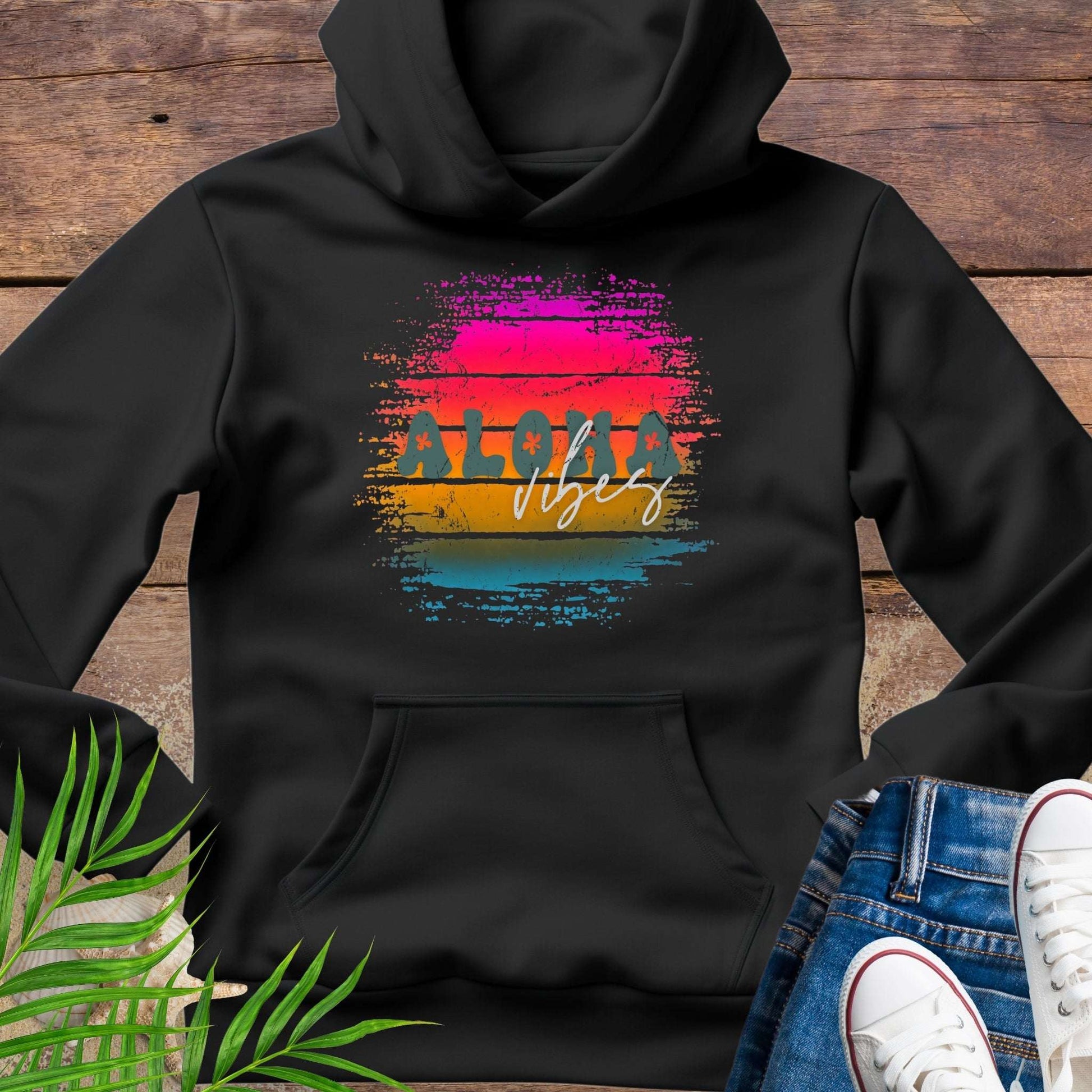 Black Unisex beach hoodie with vintage sunset aloha design.
