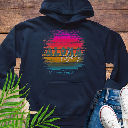 Navy blue Unisex beach hoodie with vintage sunset aloha design.