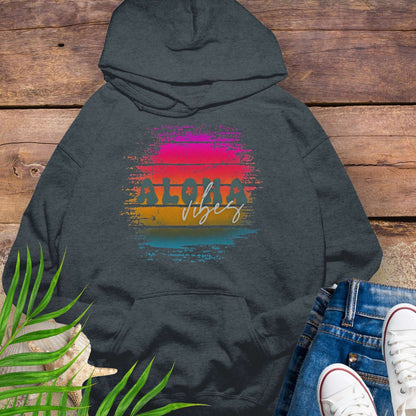 Dark gray Unisex beach hoodie with vintage sunset aloha design.