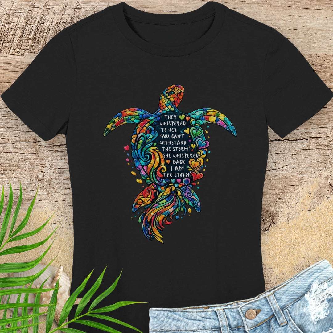 Black t-shirt with a colorful sea turtle design with a motivational quote.