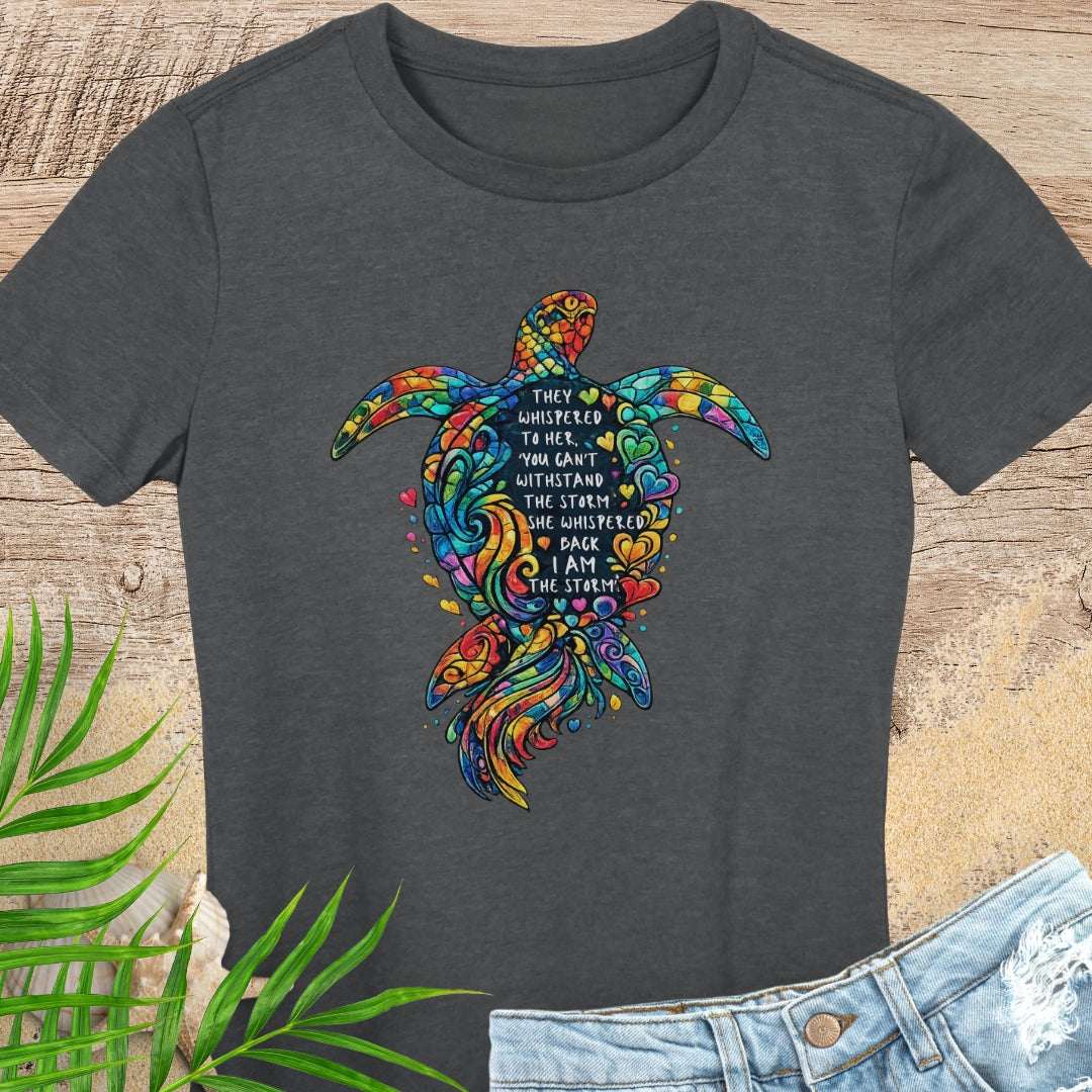 Dark gray t-shirt with a colorful sea turtle design with a motivational quote.