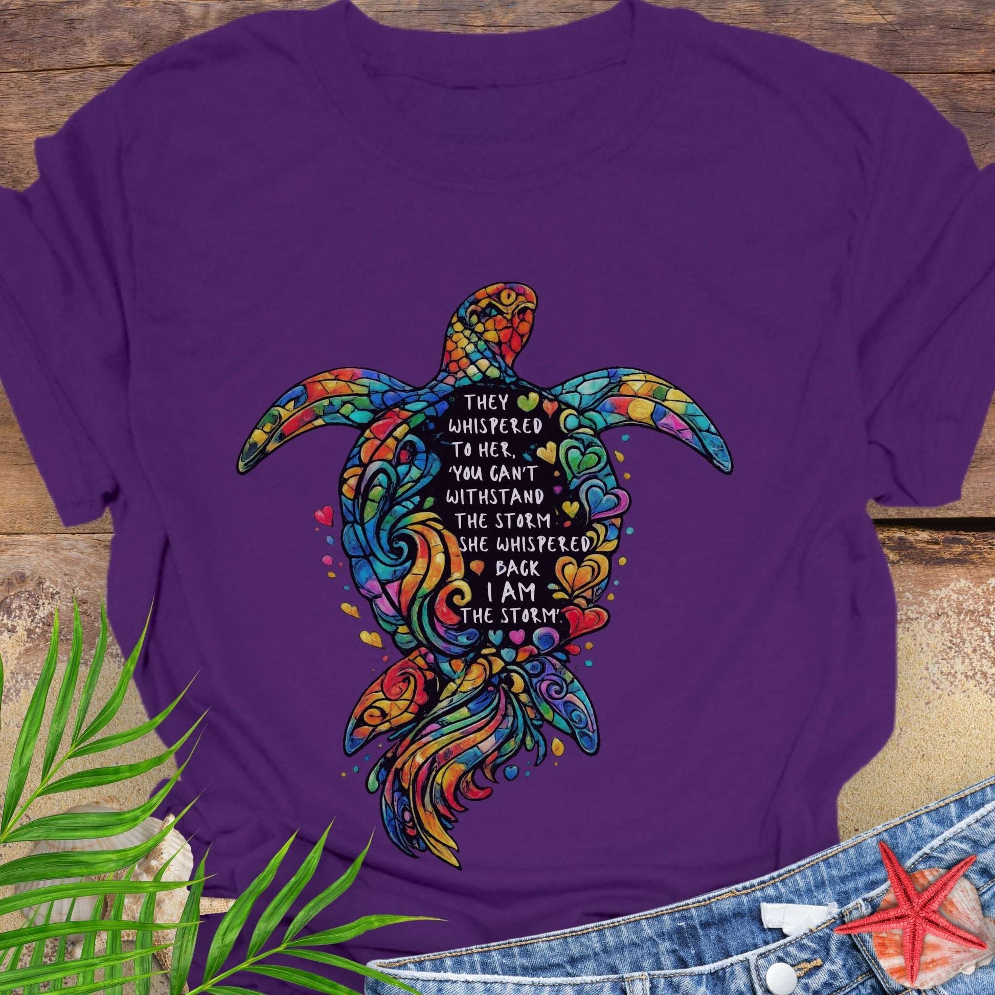 Purple Unisex sea turtle shirt with empowering quote “I Am the Storm” and hand-drawn ocean turtle artwork