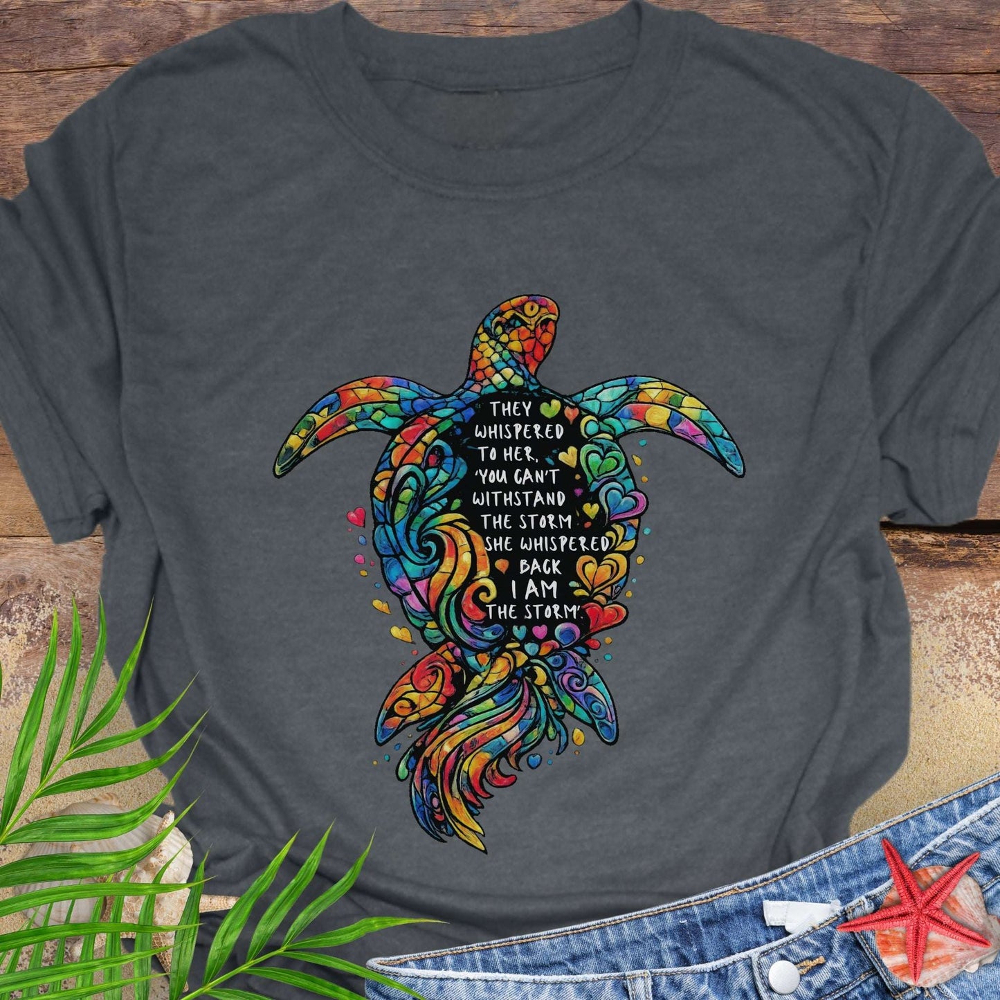 Gray Unisex sea turtle shirt with empowering quote “I Am the Storm” and hand-drawn ocean turtle artwork