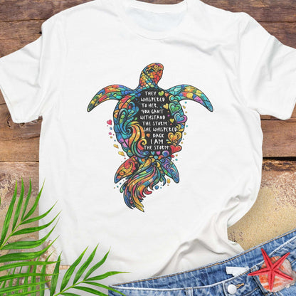 White Unisex sea turtle shirt with empowering quote “I Am the Storm” and hand-drawn ocean turtle artwork