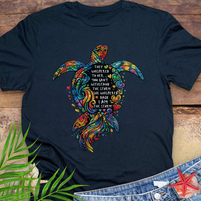 Navy blue Unisex sea turtle shirt with empowering quote “I Am the Storm” and hand-drawn ocean turtle artwork