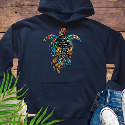 Navy blue Unisex hoodie featuring sea turtle design with “I Am the Storm” inspirational quote in ocean colors.