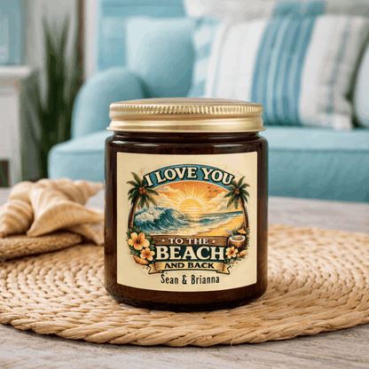 Candle jar with a beach-themed label on a woven mat